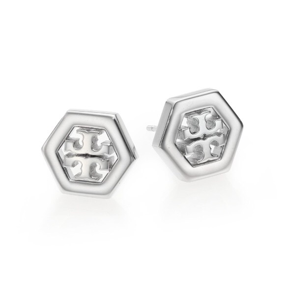 NWT TORY BURCH SILVER HEX LOGO STUD EARRINGS!! - Picture 2 of 5